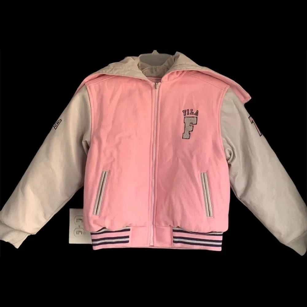 Fila Girls Reversible Hooded Varsity Wool Blend Puffy Quilted Jacket Zip-Up Sz L